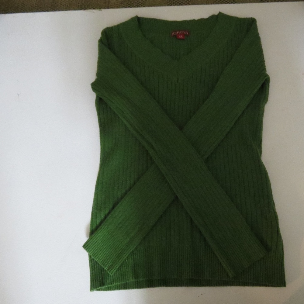 green ribbed v-neck sweater
